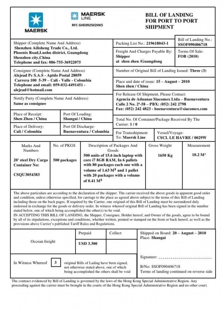 Ejemplo de BIll of Lading de la Naviera Maersk